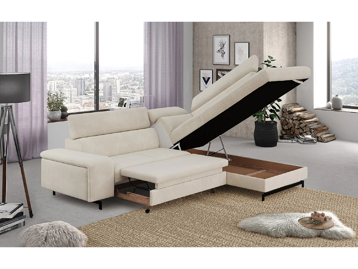 MYHOMELANDO Emma hoekbank – L-vorm met slaapfunctie en opbergruimte, verstelbare hoofdsteunen