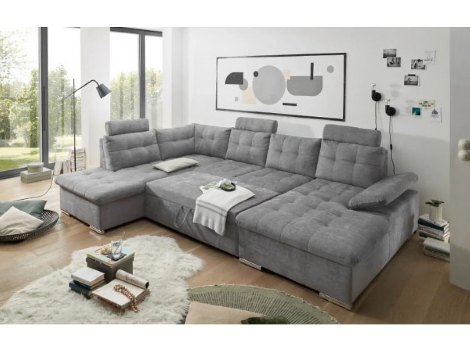 MYHOMELANDO Brest canapé panoramique – forme en U avec fonction couchage et coffre de rangement