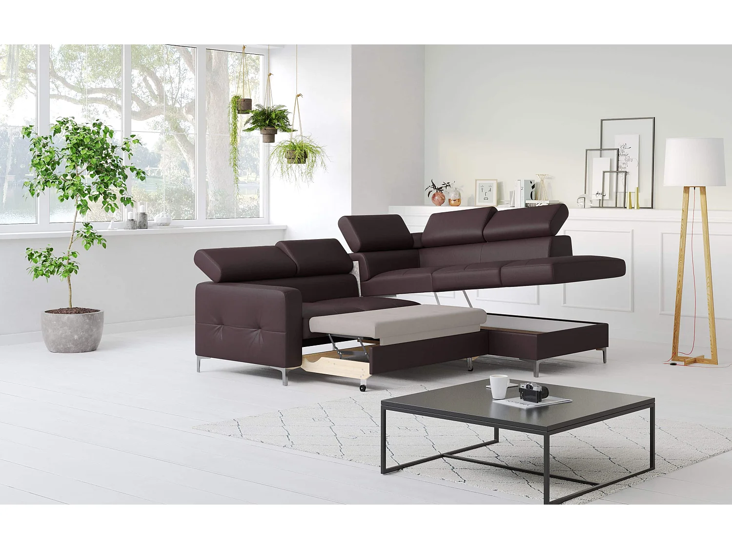 MYHOMELANDO Sammy echt leren hoekbank – L-vorm met slaapfunctie en opbergruimte