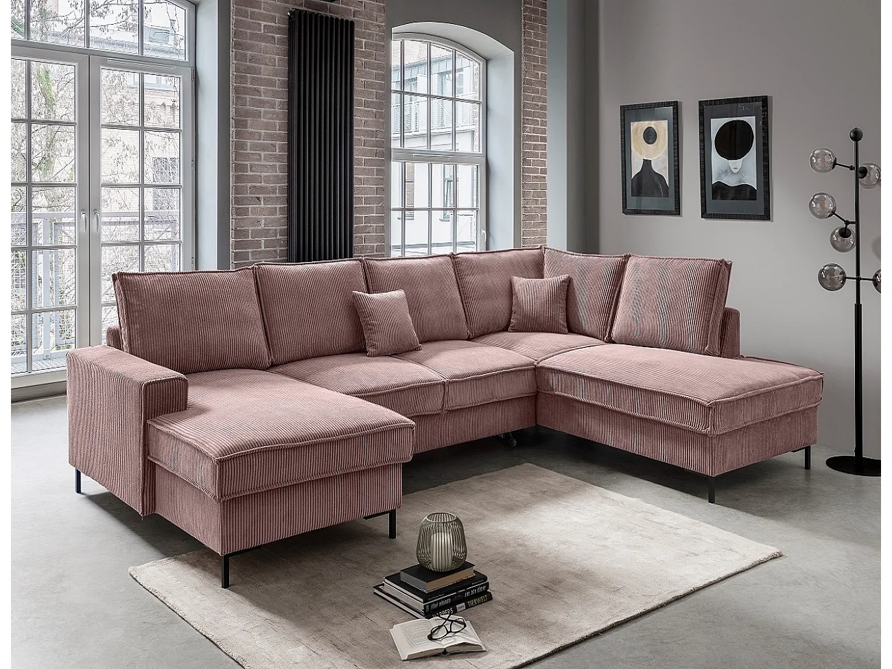 MYHOMELANDO Jerome Wohnlandschaft – U-Form Schlaffunktion und Bettkasten, Cordstoff