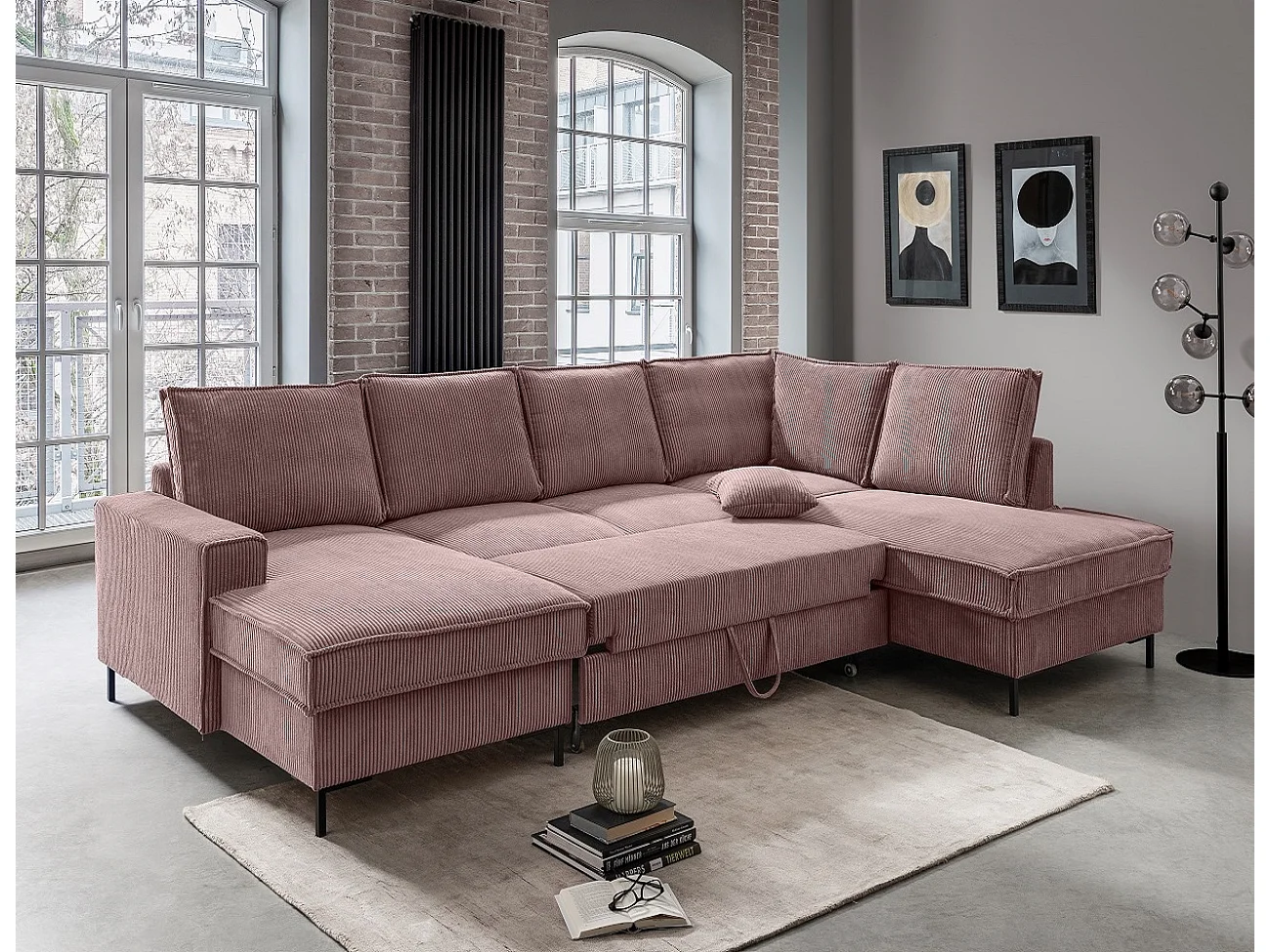 MYHOMELANDO Jerome Wohnlandschaft – U-Form Schlaffunktion und Bettkasten, Cordstoff