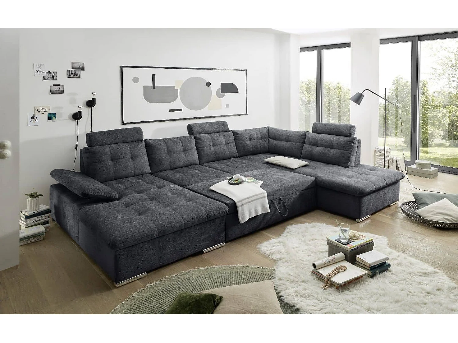 MYHOMELANDO Brest canapé panoramique – forme en U avec fonction couchage et coffre de rangement