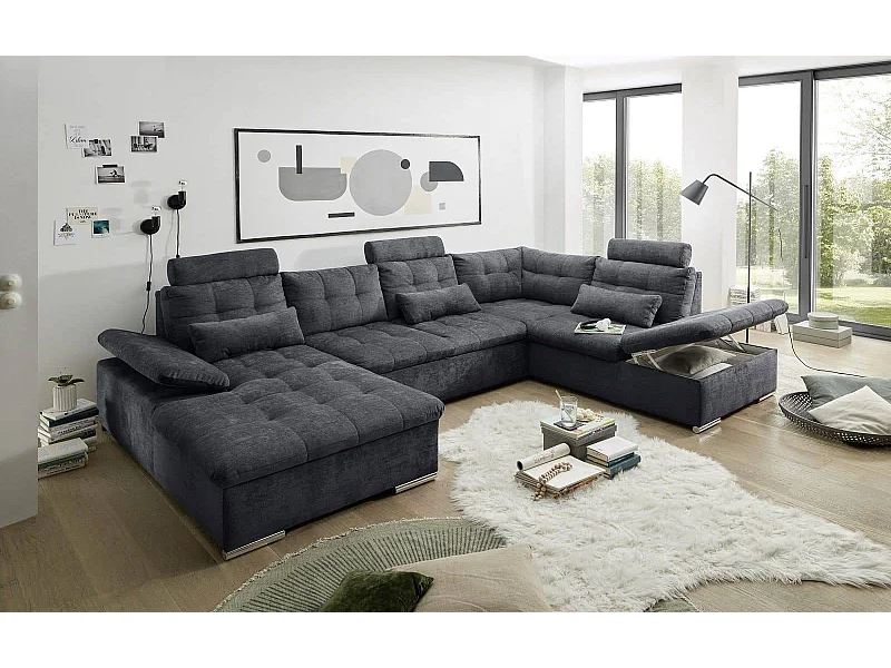 MYHOMELANDO Brest canapé panoramique – forme en U avec fonction couchage et coffre de rangement