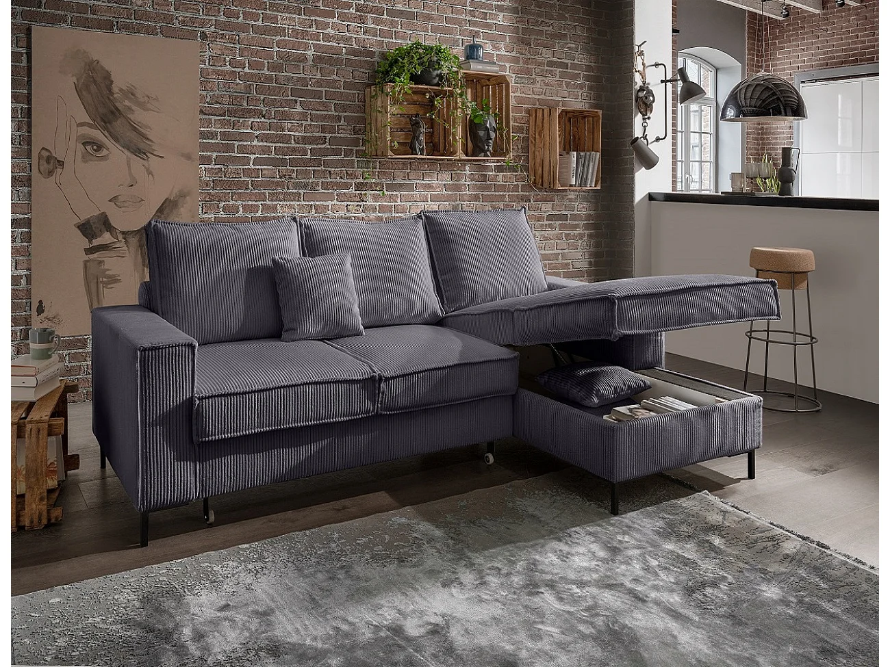 MYHOMELANDO Jerome hoekbank – L-vorm met slaapfunctie en opbergruimte, cordbekleding