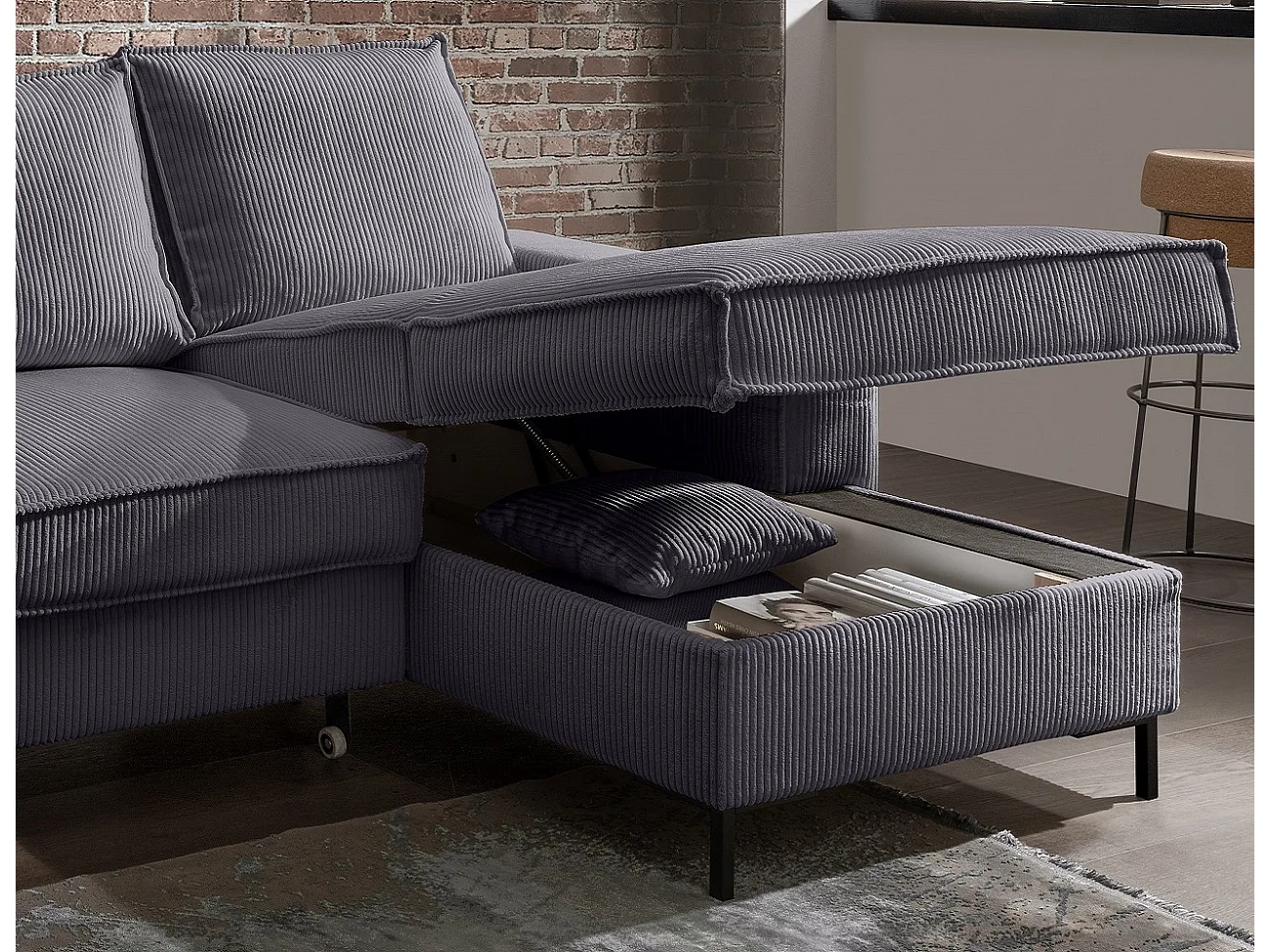 MYHOMELANDO Jerome hoekbank – L-vorm met slaapfunctie en opbergruimte, cordbekleding