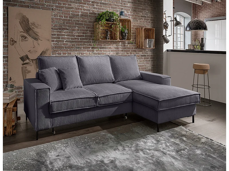 MYHOMELANDO Jerome Ecksofa - L-Form mit Schlaffunktion und Bettkasten, Cordbezug