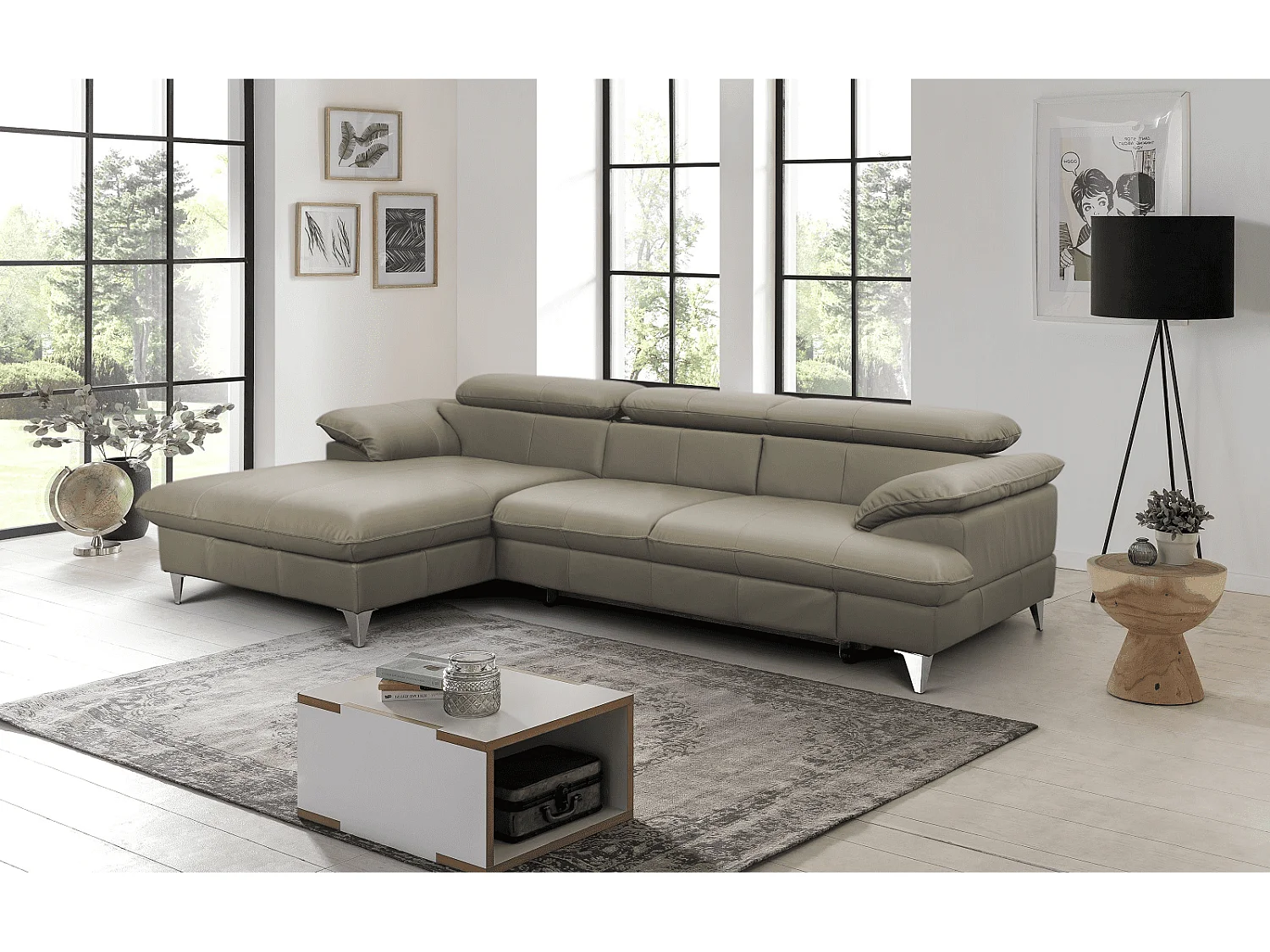 MYHOMELANDO David hoekbank echt leer – L-vorm met slaapfunctie, opbergruimte en verstelbare hoofdsteunen