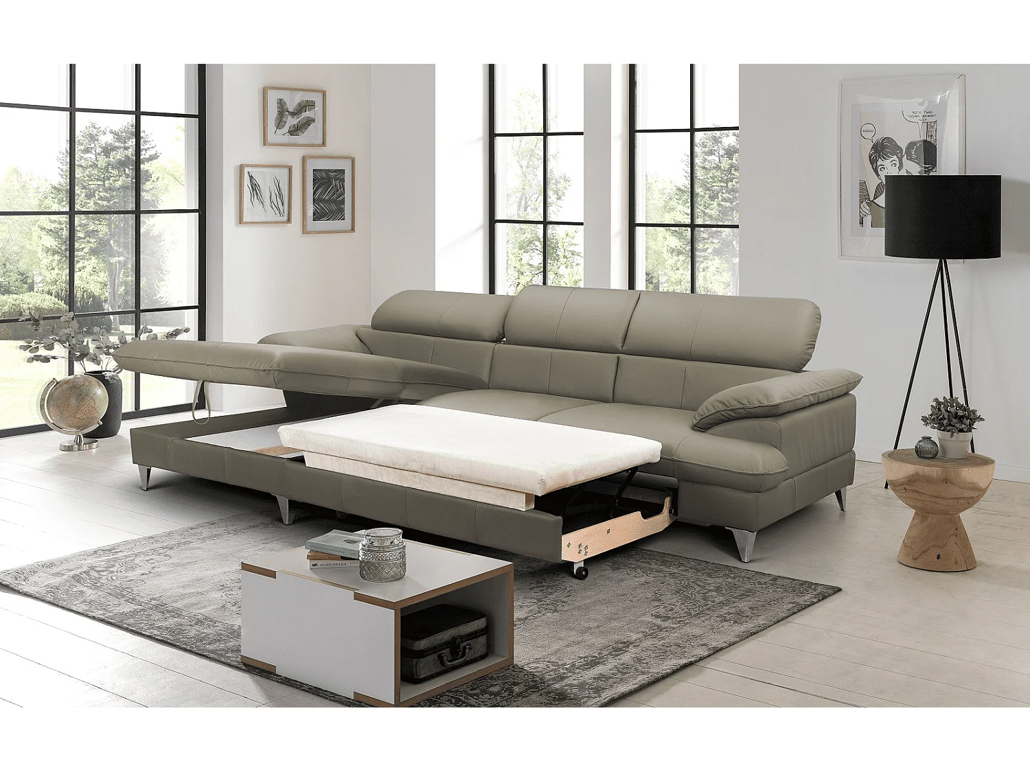 MYHOMELANDO David hoekbank echt leer – L-vorm met slaapfunctie, opbergruimte en verstelbare hoofdsteunen