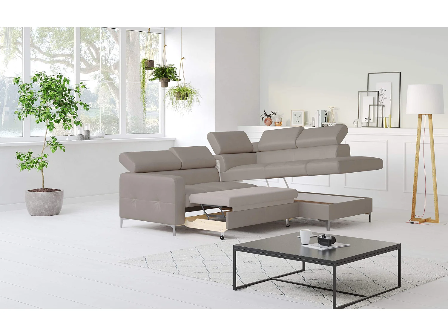 MYHOMELANDO Sammy echt leren hoekbank – L-vorm met slaapfunctie en opbergruimte