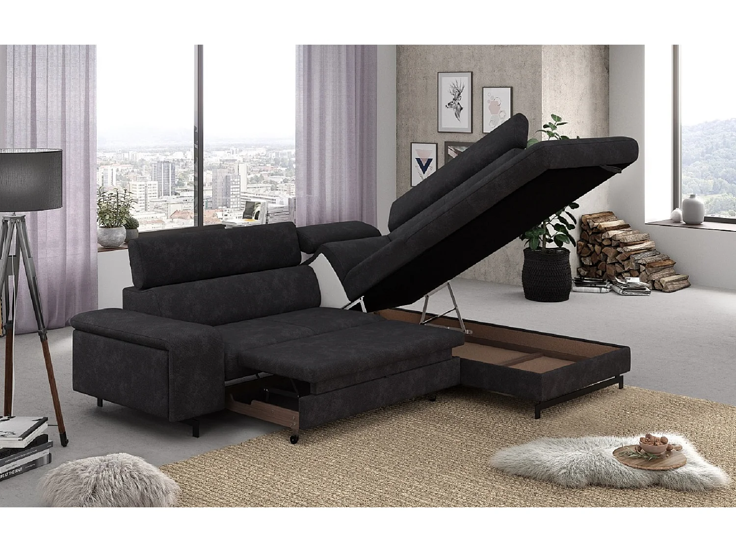 MYHOMELANDO Emma hoekbank – L-vorm met slaapfunctie en opbergruimte, verstelbare hoofdsteunen