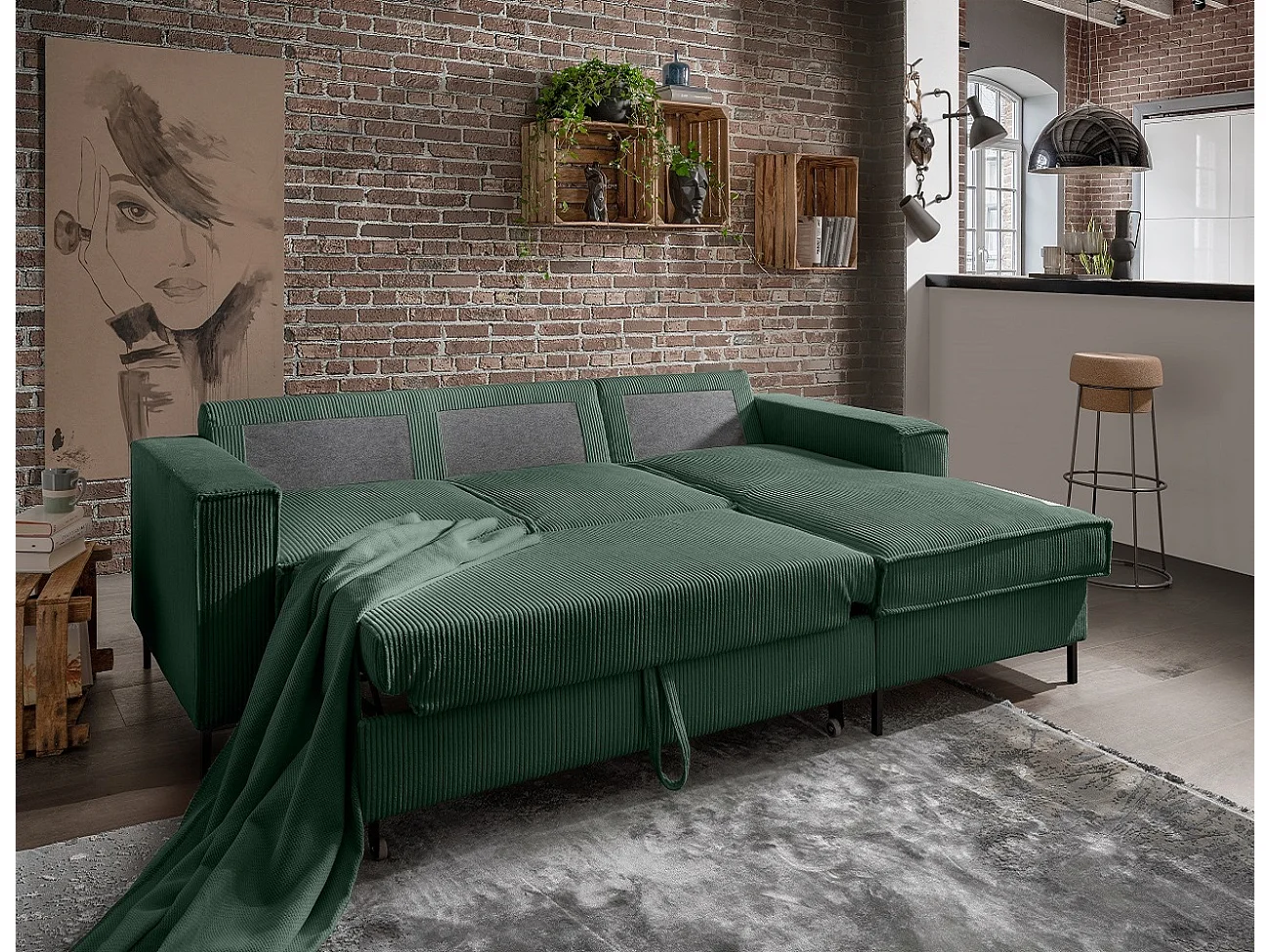 MYHOMELANDO Jerome hoekbank – L-vorm met slaapfunctie en opbergruimte, cordbekleding