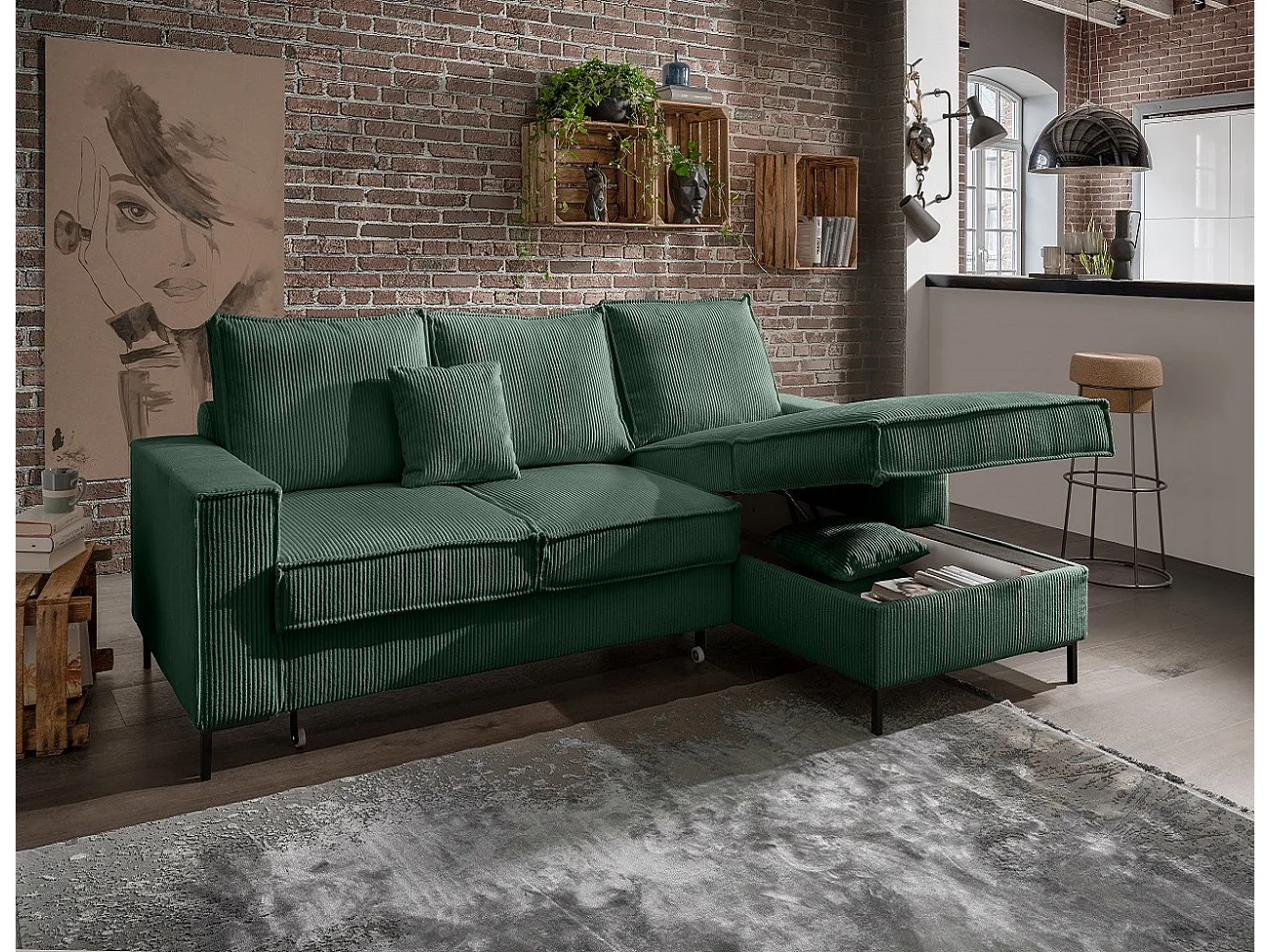 MYHOMELANDO Jerome hoekbank – L-vorm met slaapfunctie en opbergruimte, cordbekleding