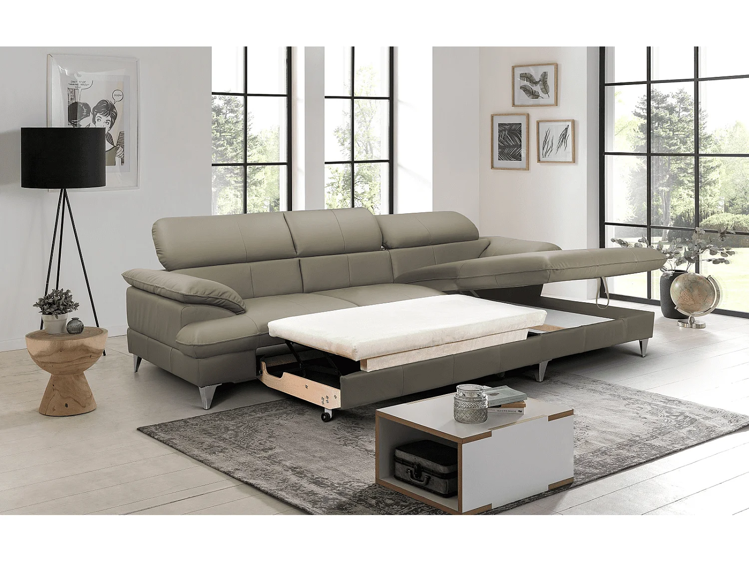 MYHOMELANDO David hoekbank echt leer – L-vorm met slaapfunctie, opbergruimte en verstelbare hoofdsteunen