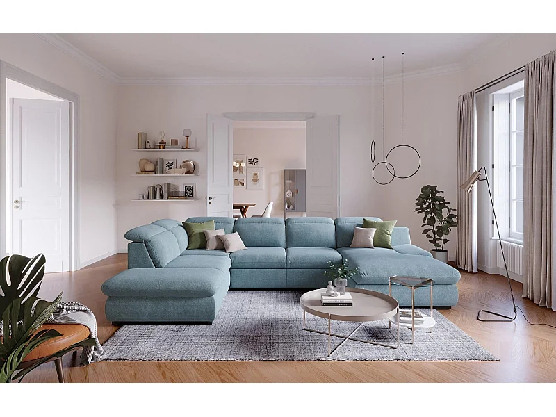 MYHOMELANDO Lorena canapé panoramique – forme en U avec fonction couchage et coffre de rangement