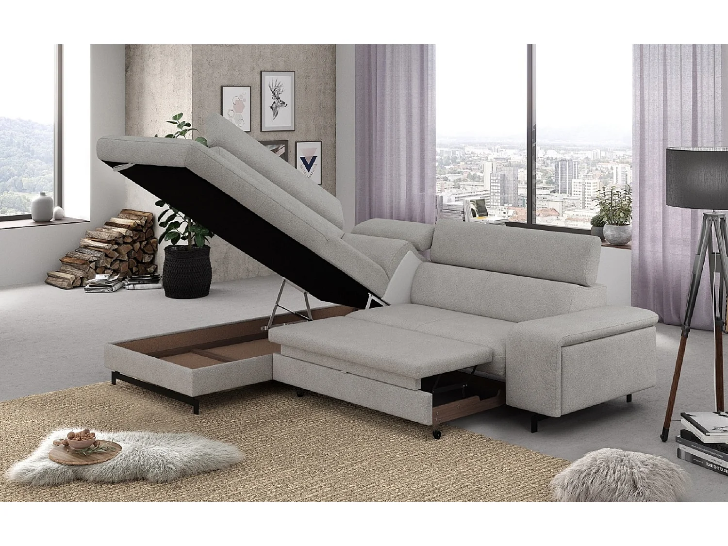 MYHOMELANDO Emma hoekbank – L-vorm met slaapfunctie en opbergruimte, verstelbare hoofdsteunen