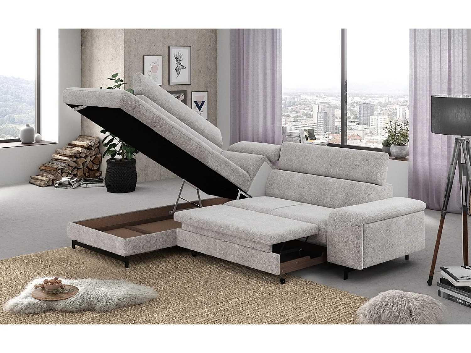 MYHOMELANDO Emma hoekbank – L-vorm met slaapfunctie en opbergruimte, verstelbare hoofdsteunen