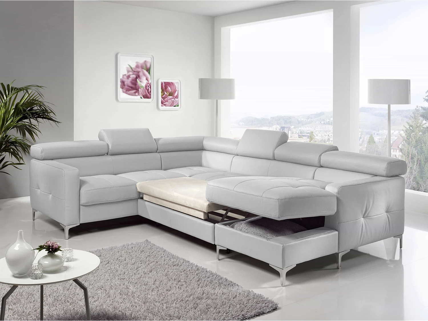 MYHOMELANDO Sammy echt leren woonlandschap – U-vorm met slaapfunctie, opbergruimte en verstelbare hoofdsteunen