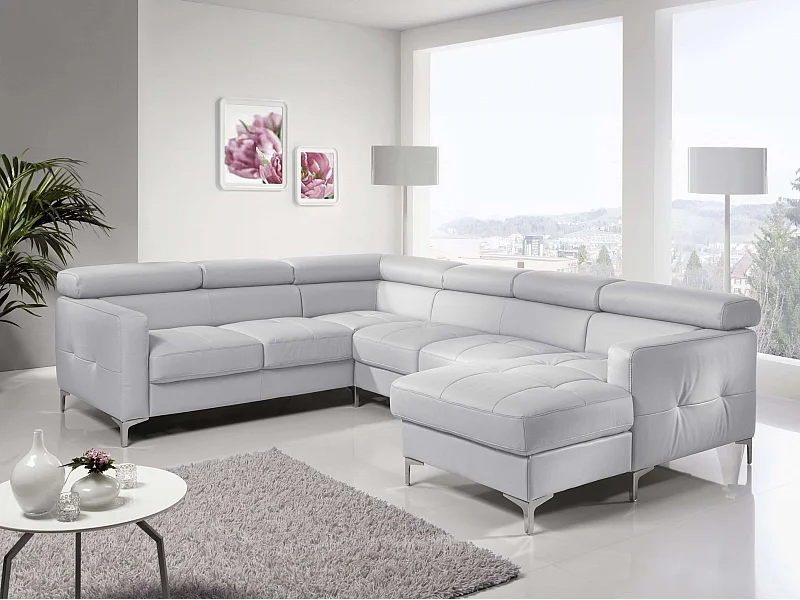 MYHOMELANDO Sammy Echtleder Wohnlandschaft – U-Form mit Schlaffunktion, Bettkasten und verstellbaren Kopfstützen