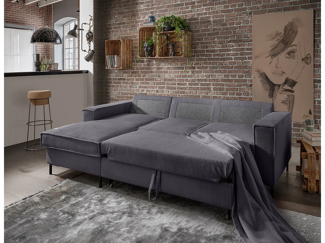 MYHOMELANDO Jerome hoekbank – L-vorm met slaapfunctie en opbergruimte, cordbekleding