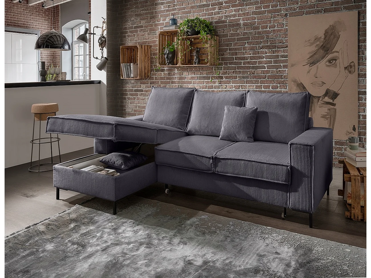 MYHOMELANDO Jerome hoekbank – L-vorm met slaapfunctie en opbergruimte, cordbekleding