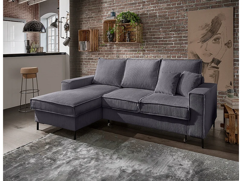 MYHOMELANDO Jerome canapé d’angle – forme en L avec fonction couchage et coffre de rangement, revêtement en velours côtelé