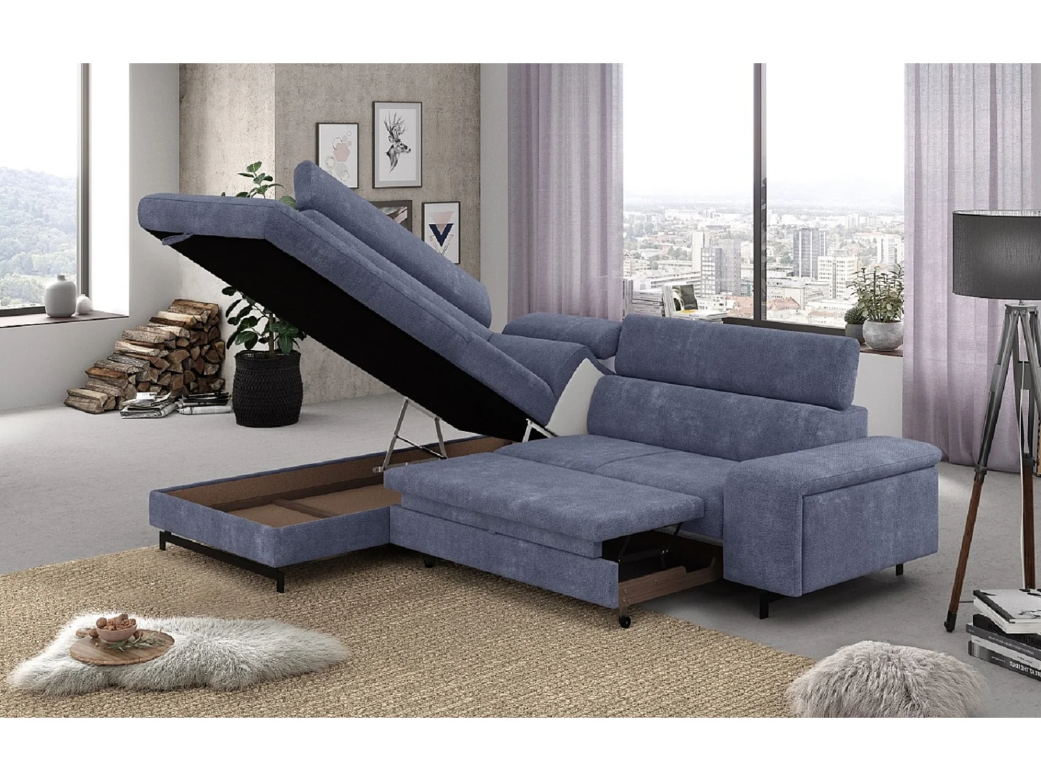 MYHOMELANDO Emma hoekbank – L-vorm met slaapfunctie en opbergruimte, verstelbare hoofdsteunen