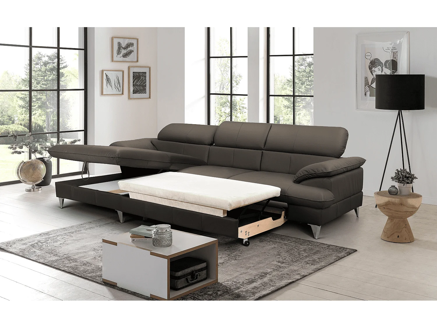 MYHOMELANDO David hoekbank echt leer – L-vorm met slaapfunctie, opbergruimte en verstelbare hoofdsteunen