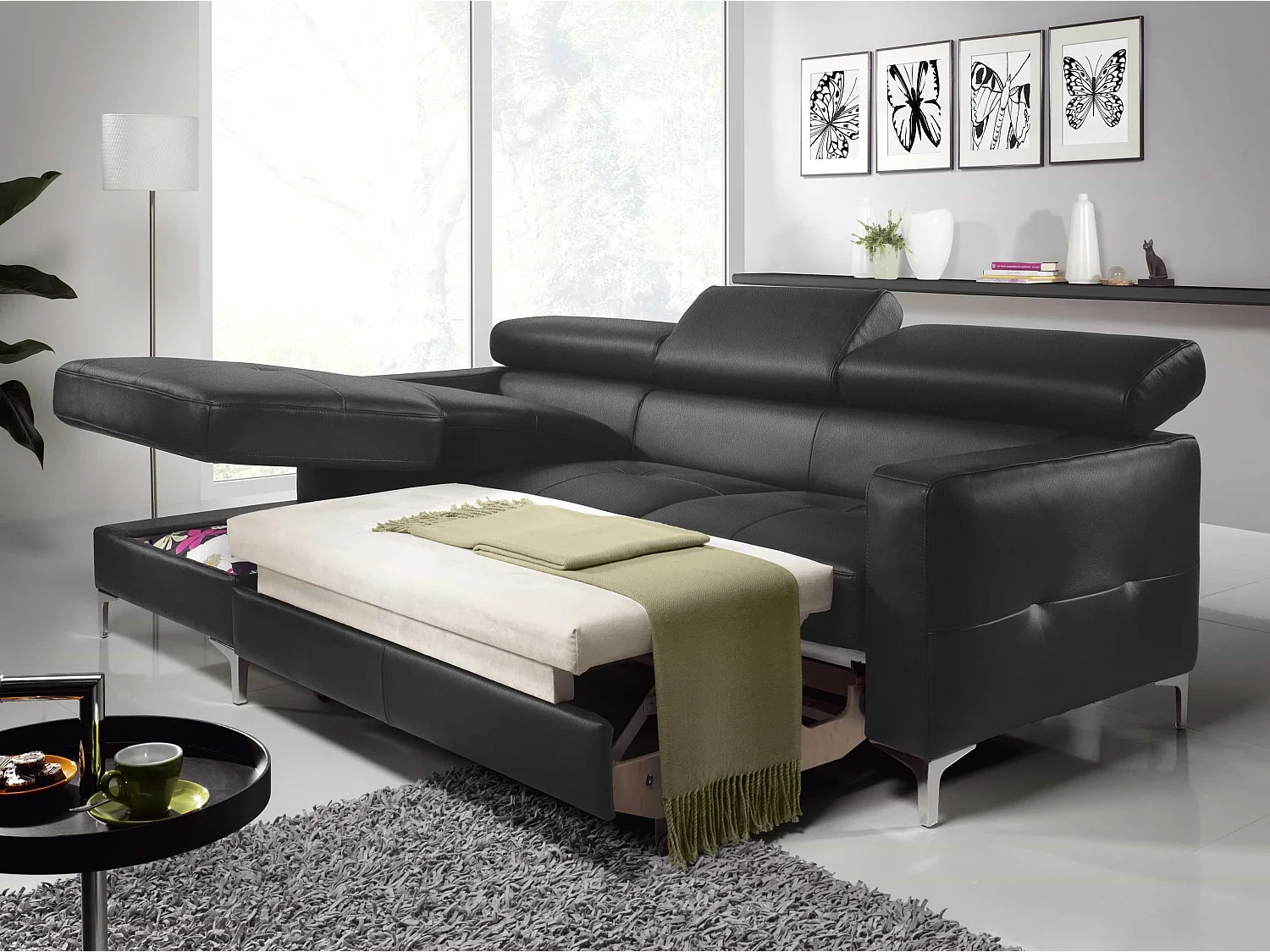 MYHOMELANDO Sammy echt leren hoekbank – L-vorm met recamière, slaapfunctie en opbergruimte