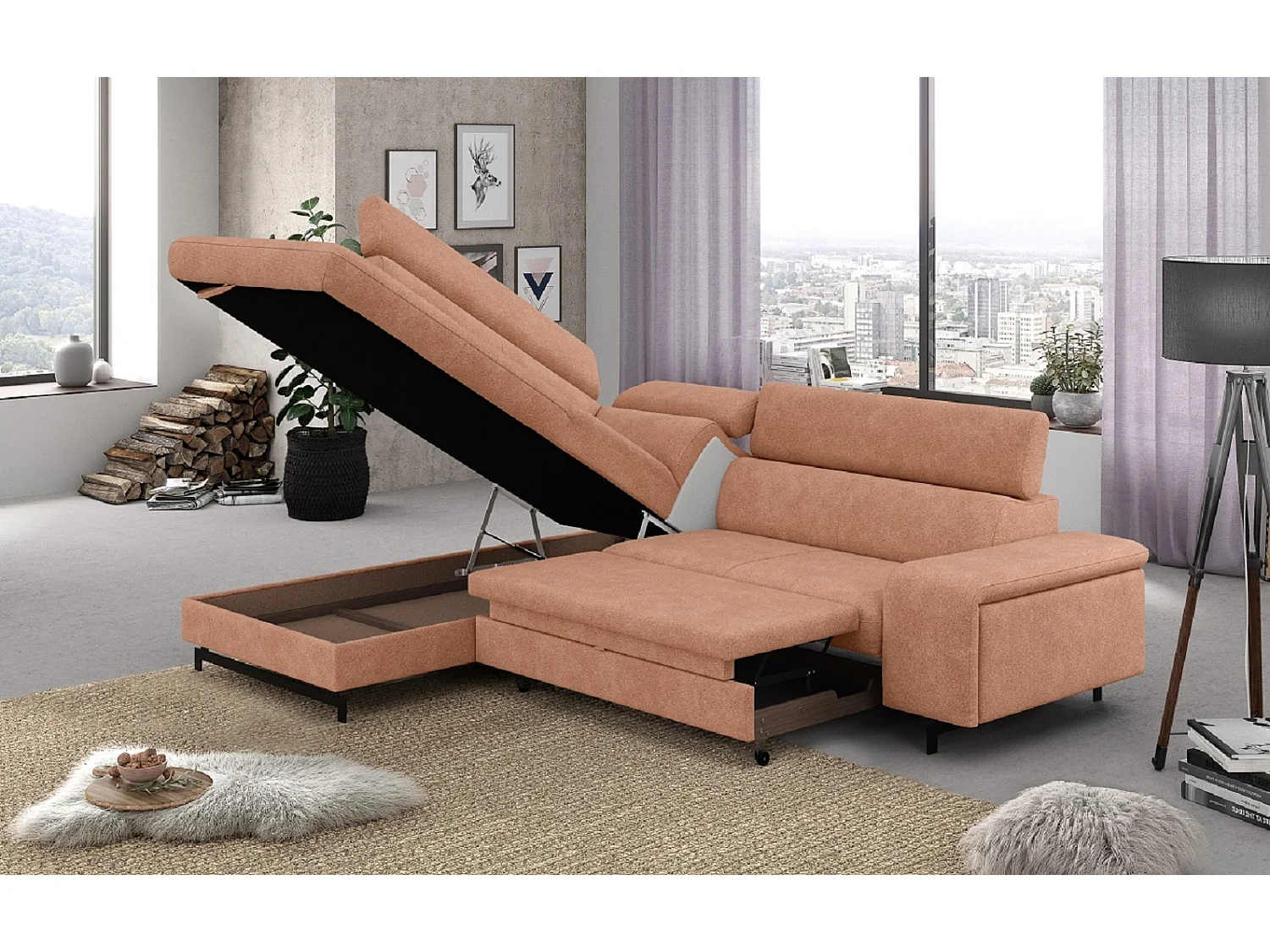 MYHOMELANDO Emma hoekbank – L-vorm met slaapfunctie en opbergruimte, verstelbare hoofdsteunen