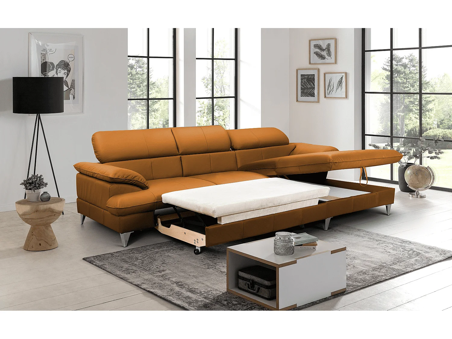 MYHOMELANDO David hoekbank echt leer – L-vorm met slaapfunctie, opbergruimte en verstelbare hoofdsteunen