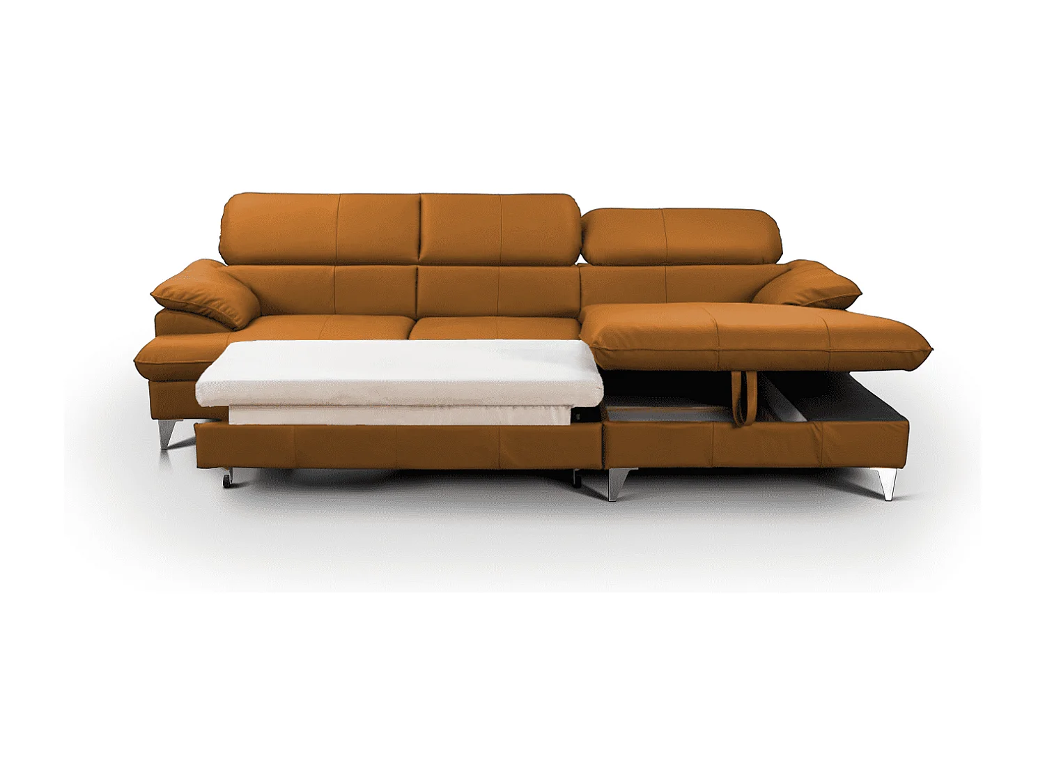 MYHOMELANDO David hoekbank echt leer – L-vorm met slaapfunctie, opbergruimte en verstelbare hoofdsteunen