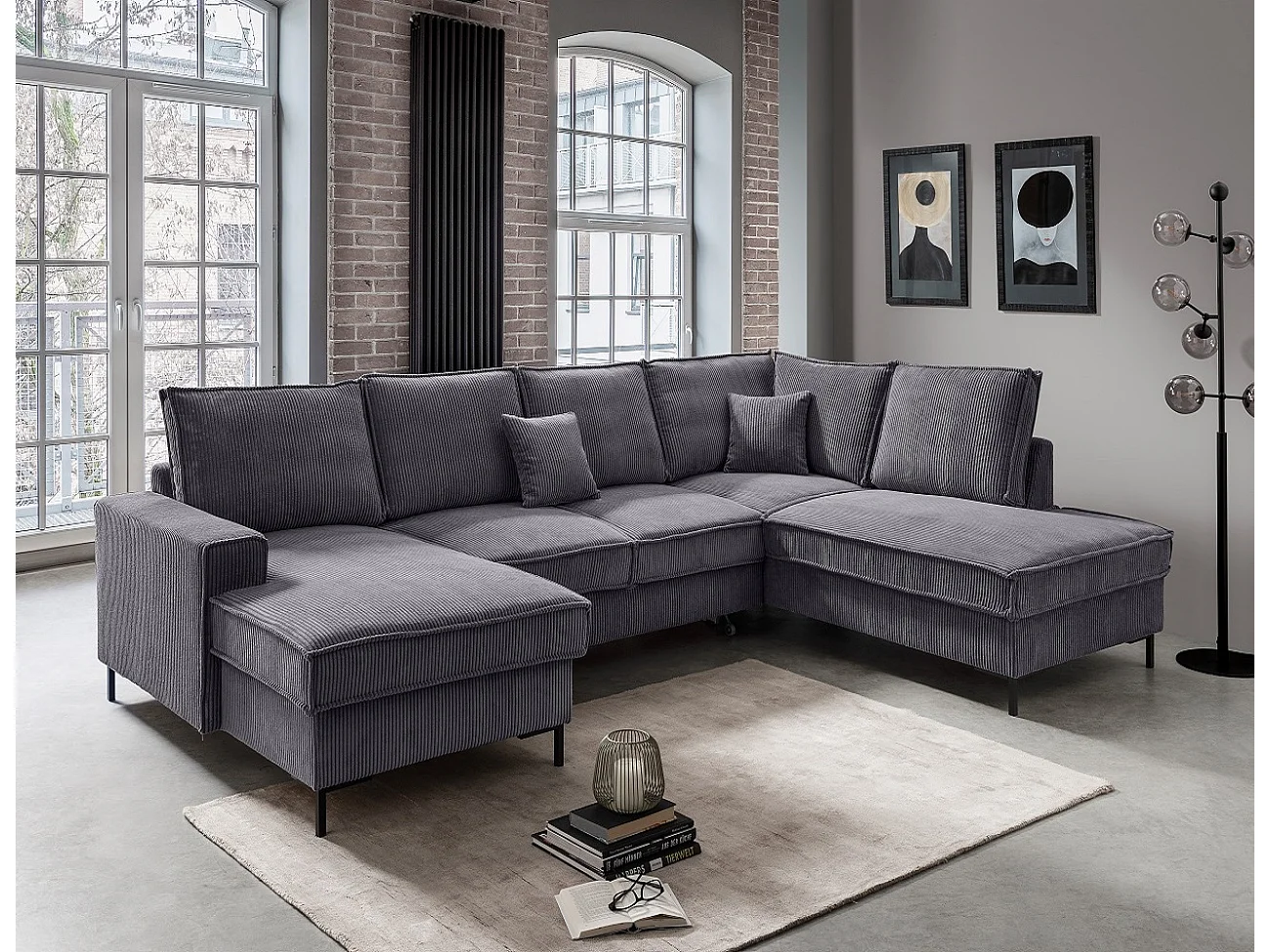 MYHOMELANDO Jerome Wohnlandschaft – U-Form Schlaffunktion und Bettkasten, Cordstoff