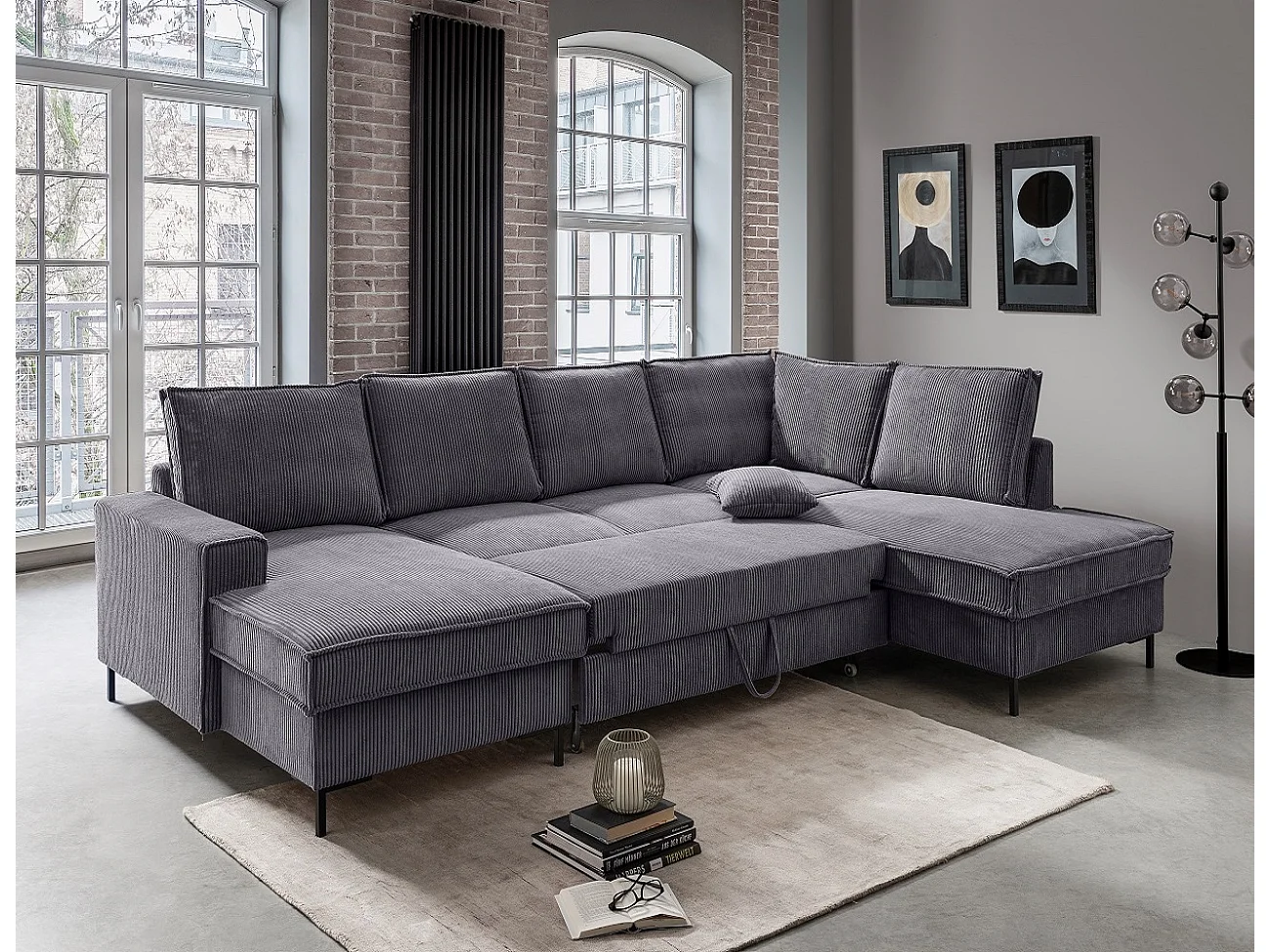 MYHOMELANDO Jerome Wohnlandschaft – U-Form Schlaffunktion und Bettkasten, Cordstoff