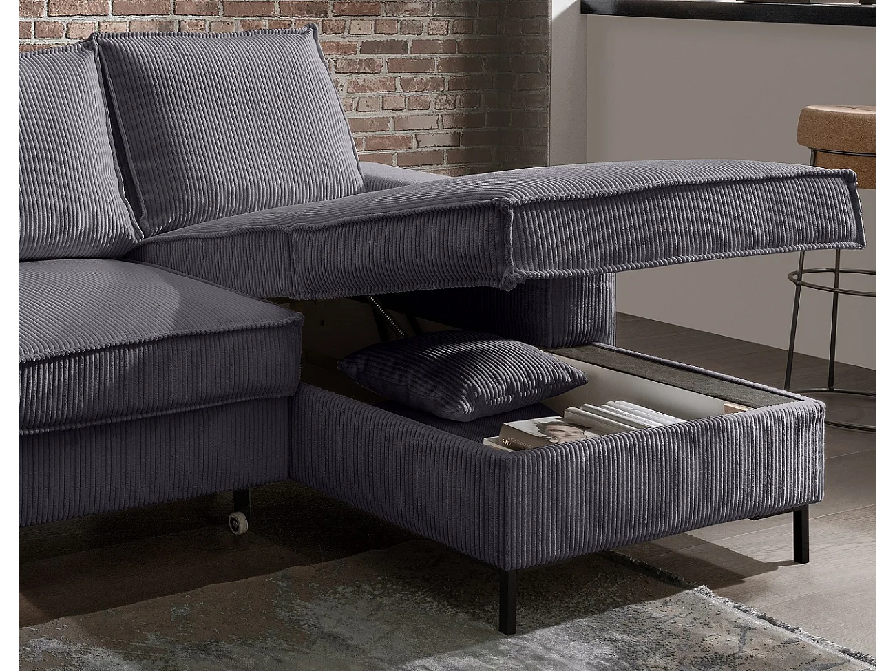 MYHOMELANDO Jerome Wohnlandschaft – U-Form Schlaffunktion und Bettkasten, Cordstoff