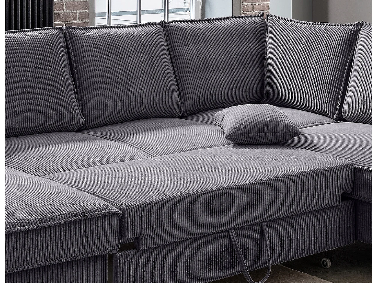 MYHOMELANDO Jerome Wohnlandschaft – U-Form Schlaffunktion und Bettkasten, Cordstoff