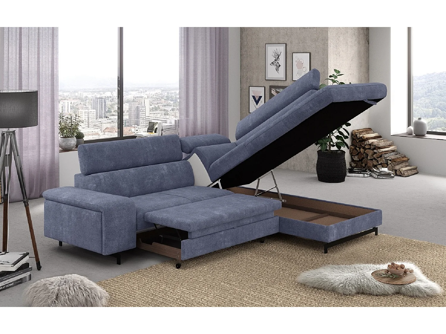 MYHOMELANDO Emma hoekbank – L-vorm met slaapfunctie en opbergruimte, verstelbare hoofdsteunen