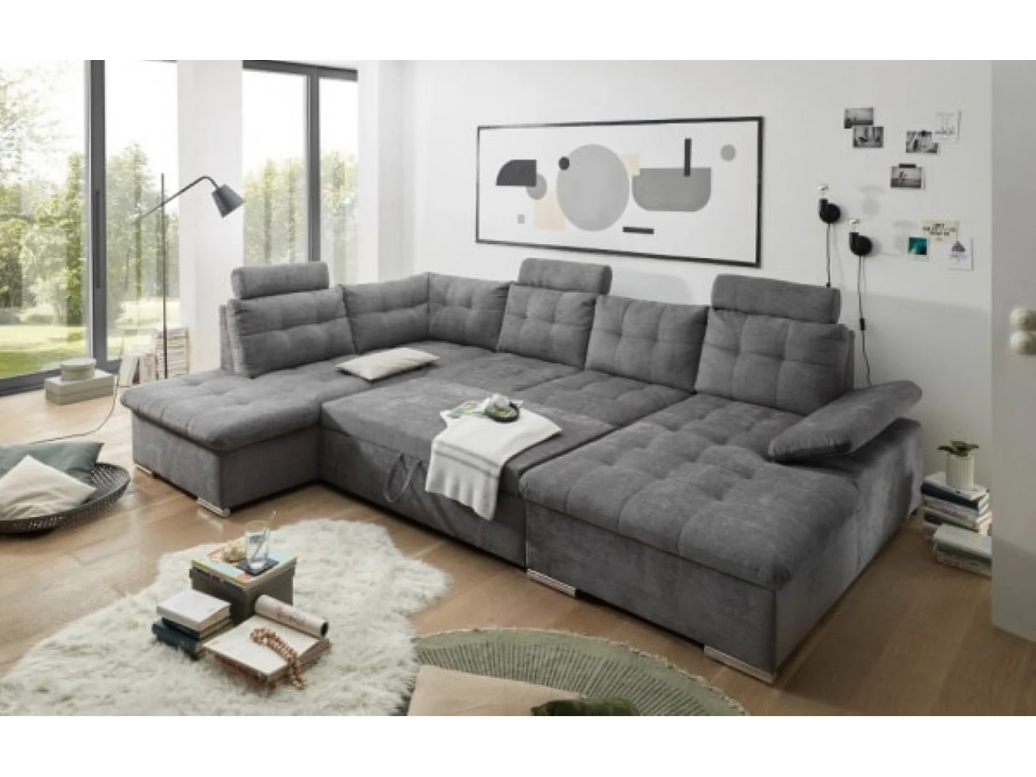 MYHOMELANDO Brest canapé panoramique – forme en U avec fonction couchage et coffre de rangement