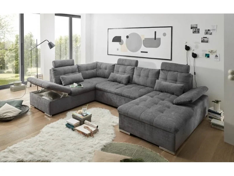 MYHOMELANDO Brest canapé panoramique – forme en U avec fonction couchage et coffre de rangement