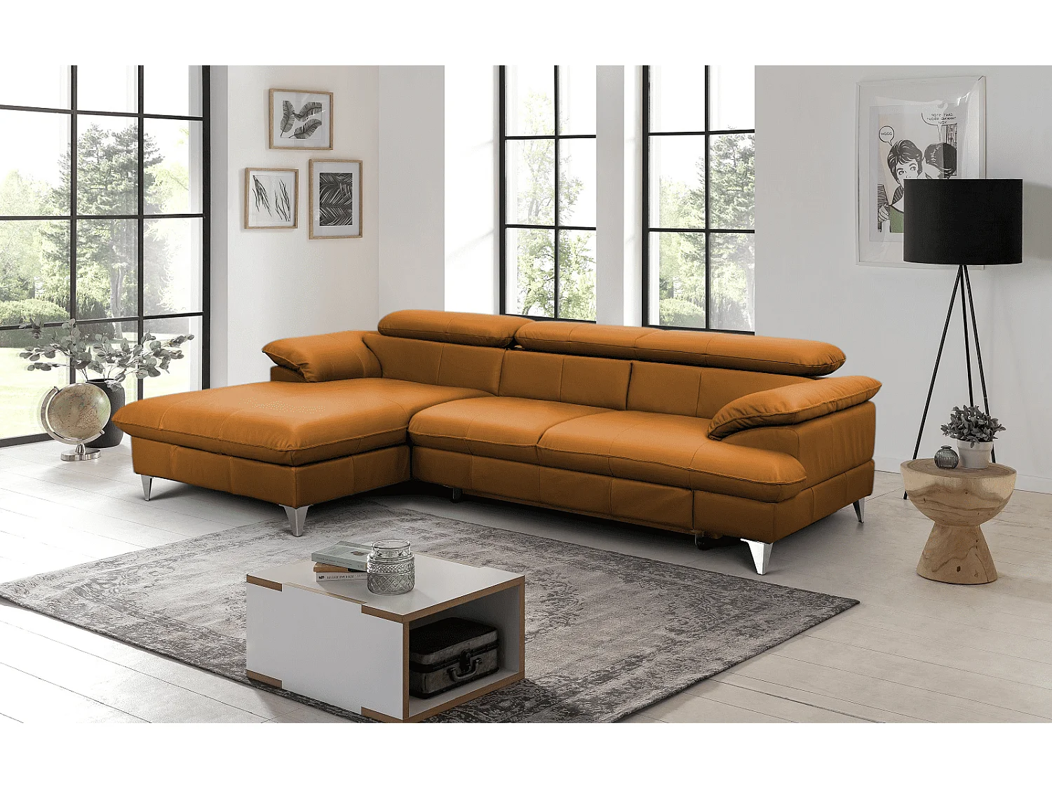 MYHOMELANDO David hoekbank echt leer – L-vorm met slaapfunctie, opbergruimte en verstelbare hoofdsteunen