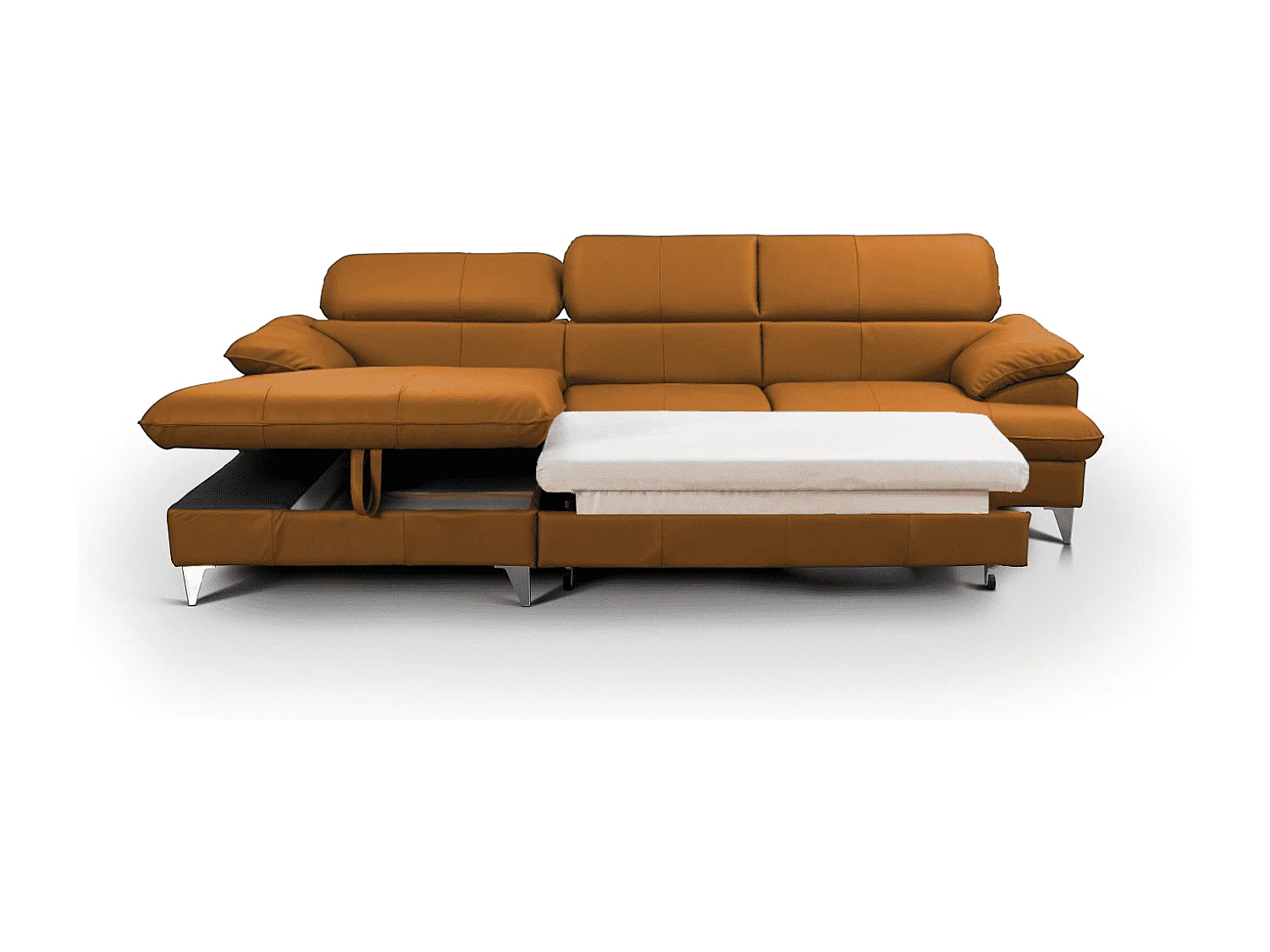 MYHOMELANDO David hoekbank echt leer – L-vorm met slaapfunctie, opbergruimte en verstelbare hoofdsteunen