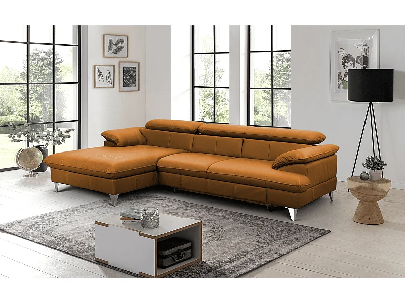 MYHOMELANDO David Ecksofa Echtleder – L-Form mit Schlaffunktion, Bettkasten und verstellbaren Kopfstützen