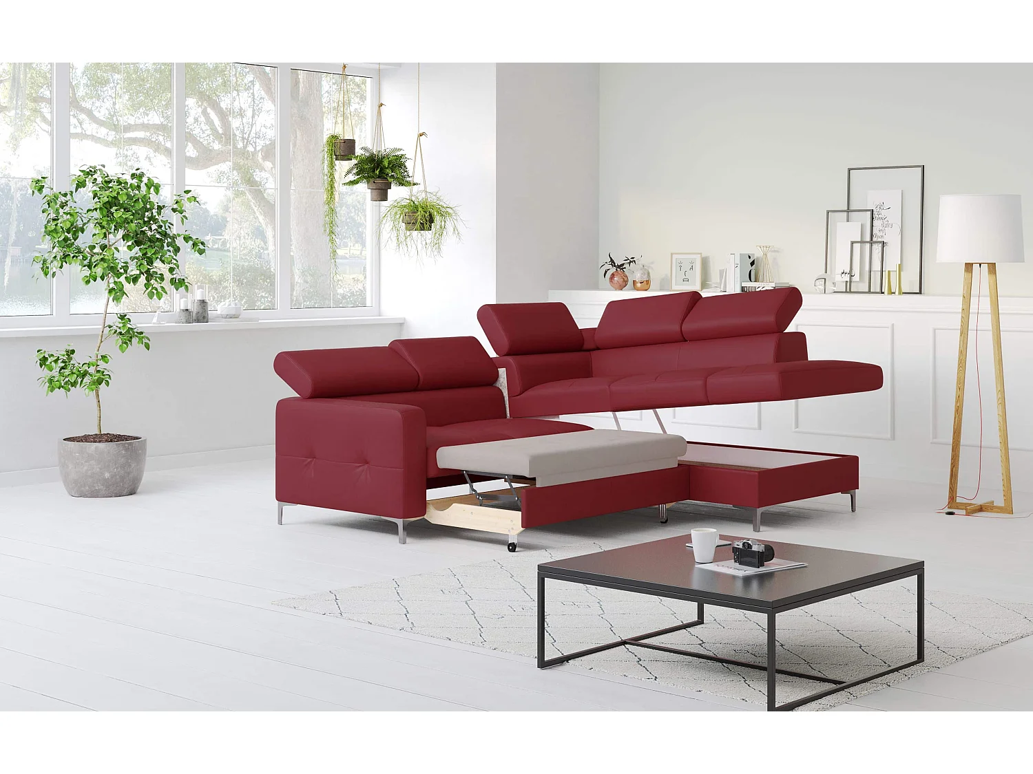 MYHOMELANDO Sammy echt leren hoekbank – L-vorm met slaapfunctie en opbergruimte