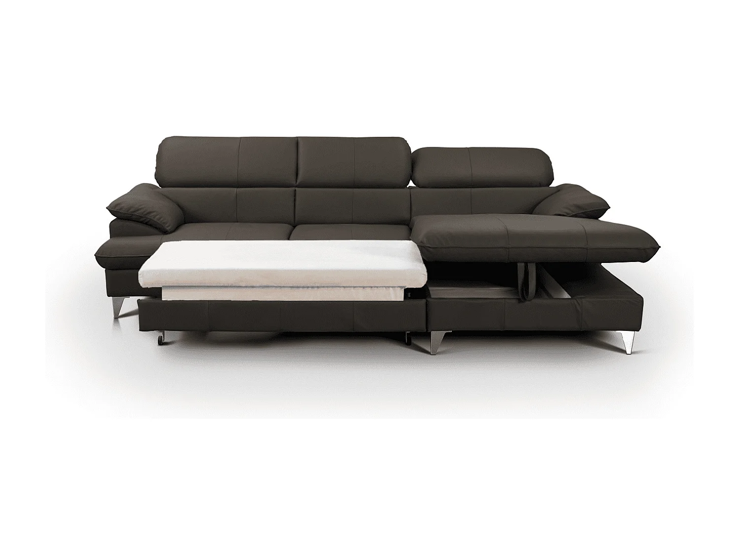 MYHOMELANDO David hoekbank echt leer – L-vorm met slaapfunctie, opbergruimte en verstelbare hoofdsteunen