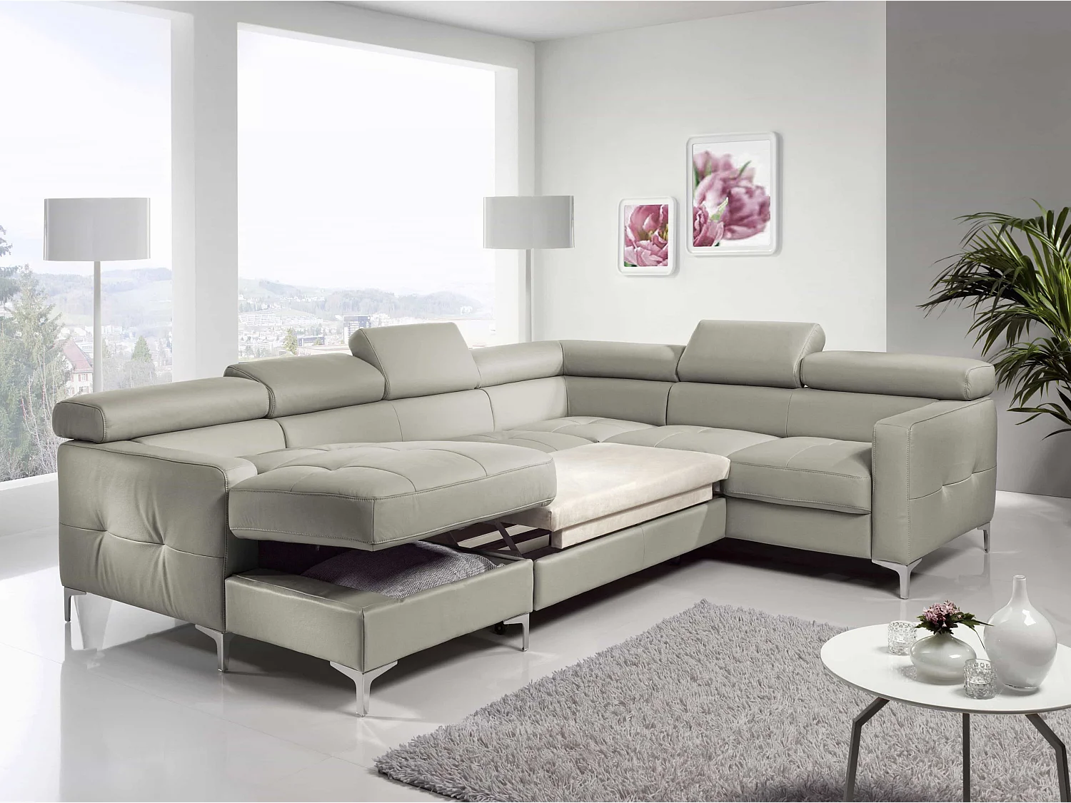 MYHOMELANDO Sammy echt leren woonlandschap – U-vorm met slaapfunctie, opbergruimte en verstelbare hoofdsteunen