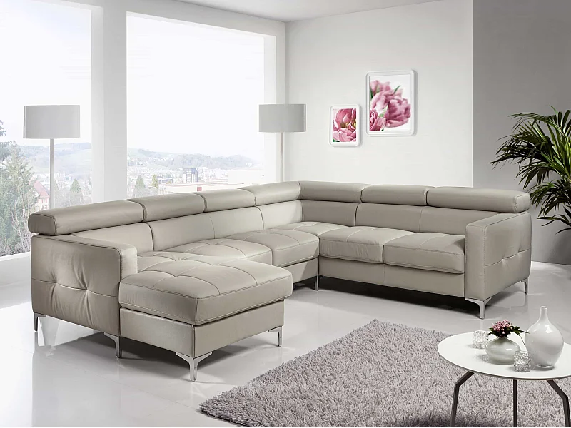 MYHOMELANDO Sammy echt leren woonlandschap – U-vorm met slaapfunctie, opbergruimte en verstelbare hoofdsteunen