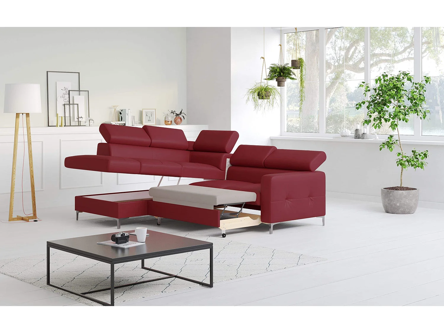 MYHOMELANDO Sammy echt leren hoekbank – L-vorm met slaapfunctie en opbergruimte