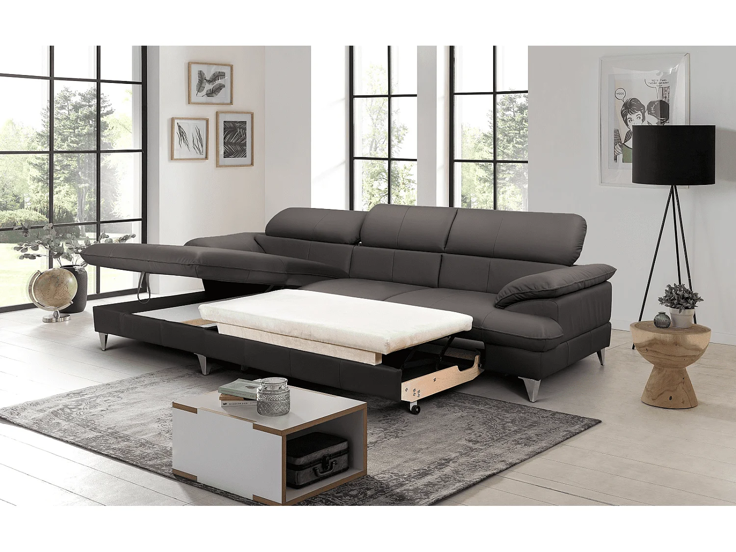 MYHOMELANDO David hoekbank echt leer – L-vorm met slaapfunctie, opbergruimte en verstelbare hoofdsteunen