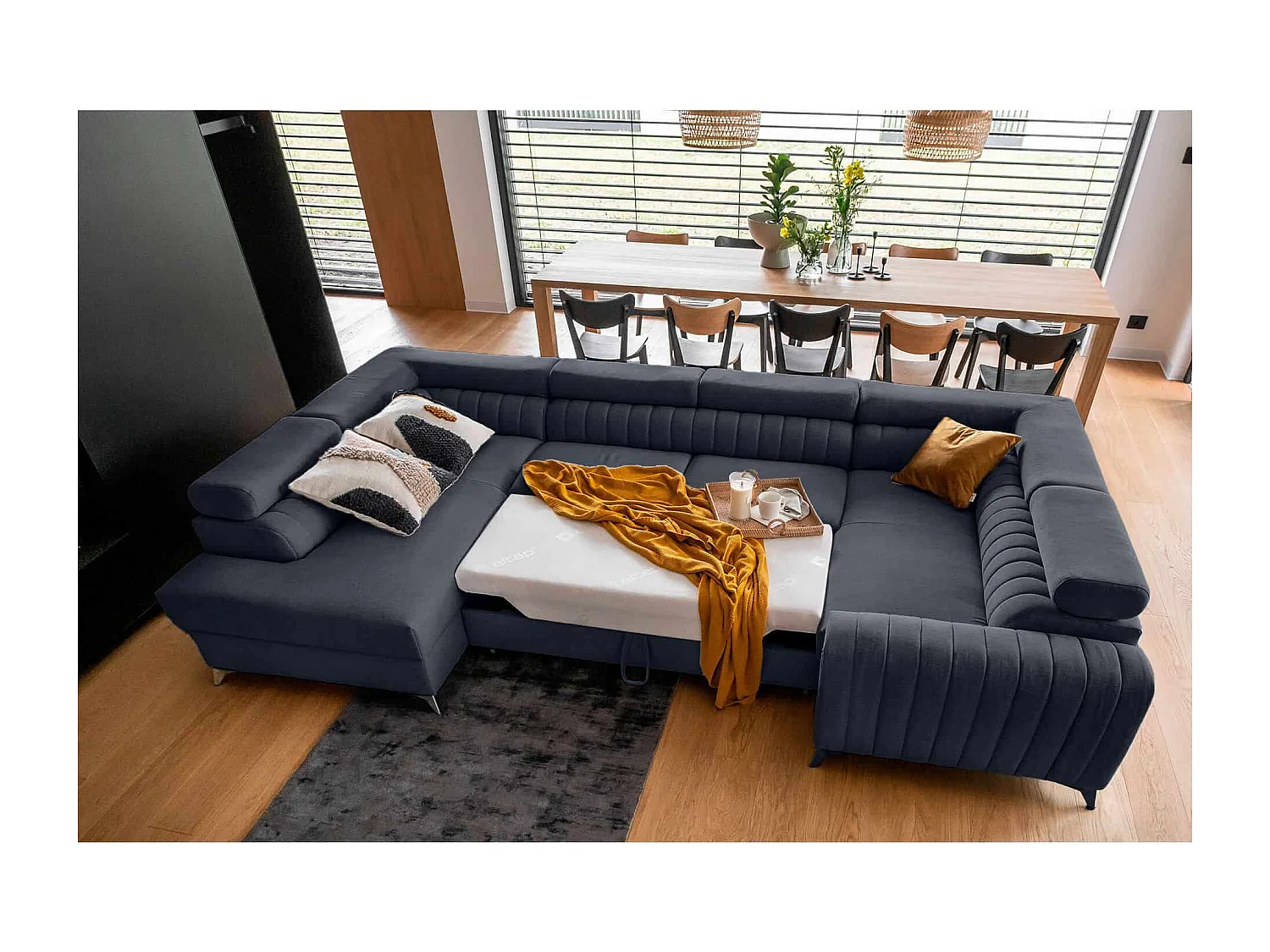 MYHOMELANDO Louis canapé panoramique – forme en U avec fonction couchage et coffre de rangement, tissu Poco