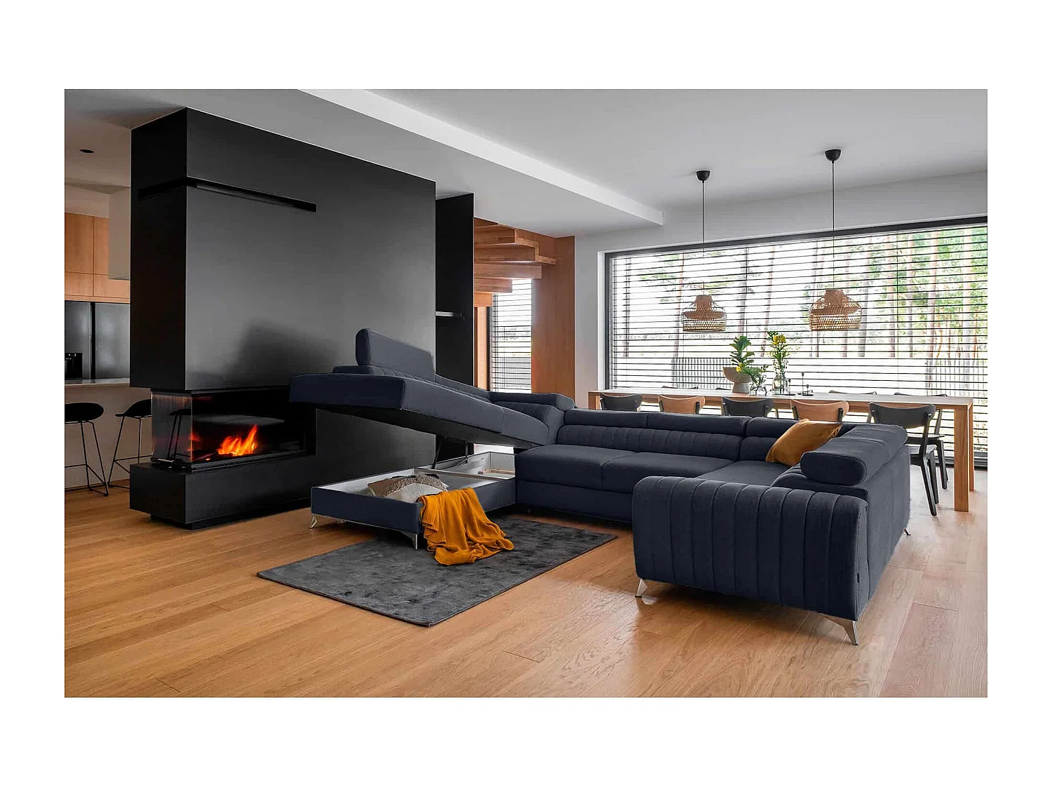 MYHOMELANDO Louis canapé panoramique – forme en U avec fonction couchage et coffre de rangement, tissu Poco