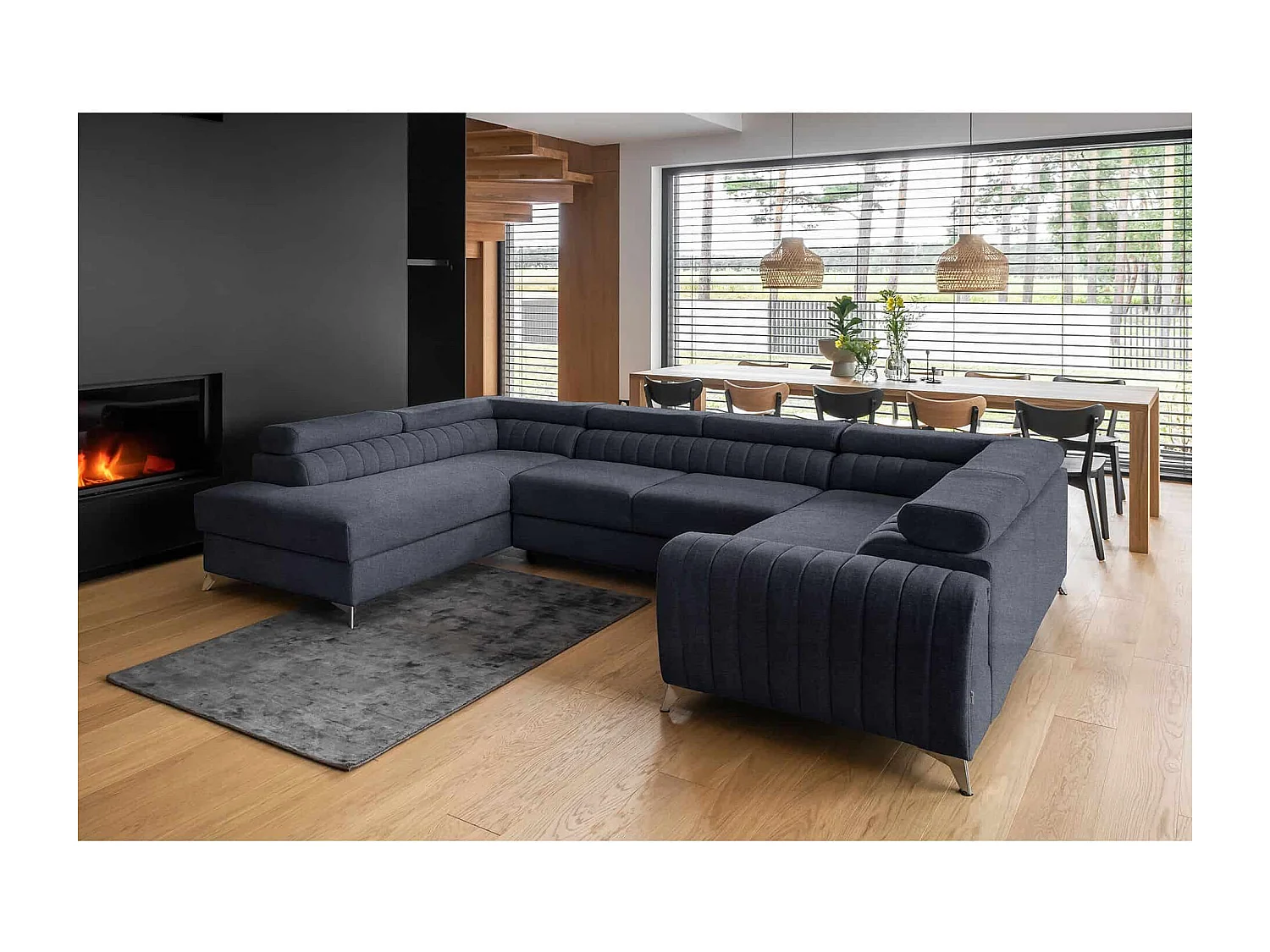 MYHOMELANDO Louis canapé panoramique – forme en U avec fonction couchage et coffre de rangement, tissu Poco